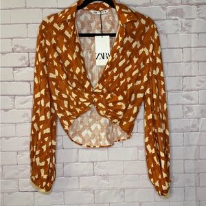Zara Orange‎ and Cream Patterned Blouse
